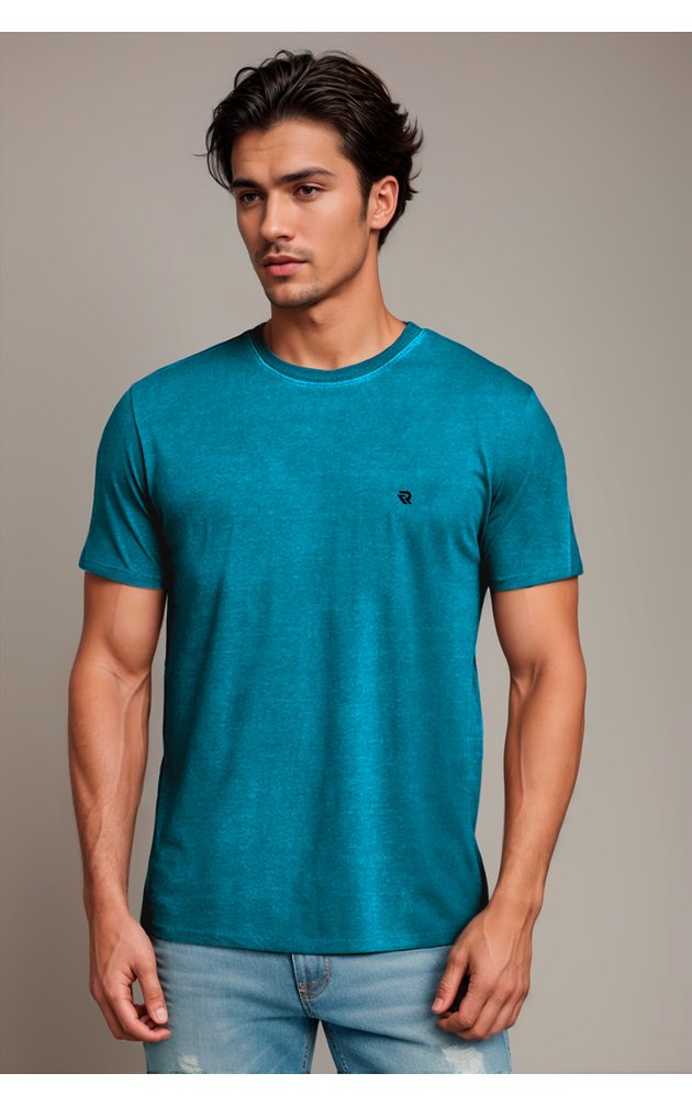 camiseta estonada masculina meia malha penteada basica riacci azul petroleo