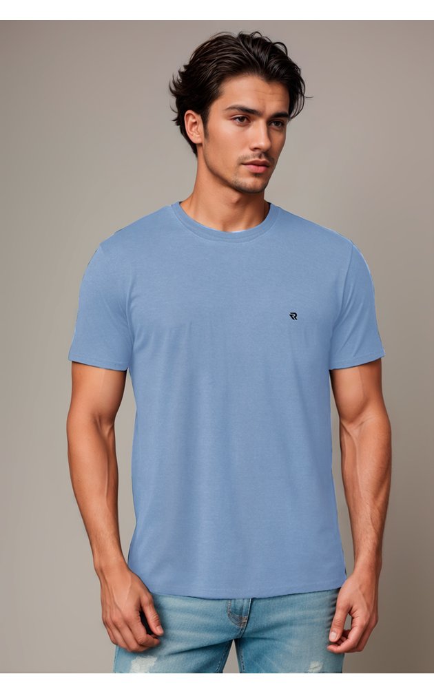camiseta estonada masculina 100 algodao meia malha penteada basica riacci azul ceu